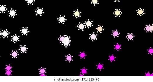 Dark pink, yellow vector pattern with coronavirus elements. Smart illustration with covid signs in decorative style. Design for biohazard warning.