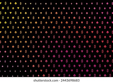 Dark pink, yellow vector pattern with symbol of cards. Illustration with set of hearts, spades, clubs, diamonds. Smart design for your business advert of casinos.