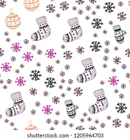 Dark Pink, Yellow vector seamless texture with colored snowflakes, balls, socks, mittens. Colorful illustration with xmas symbols. Pattern for design of fabric, wallpapers.