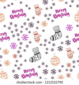 Dark Pink, Yellow vector seamless background with xmas snowflakes, balls, socks, mittens. Shining colorful illustration in christmas style. Design for wallpaper, fabric makers.