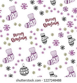 Dark Pink, Yellow vector seamless layout with bright snowflakes, balls, socks, mittens. Modern geometric abstract illustration. Pattern for design of fabric, wallpapers.