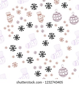 Dark Pink, Yellow vector seamless cover with beautiful snowflakes, balls, socks, mittens. Colorful xmas elements with gradient. Pattern for trendy fabric, wallpapers.