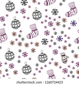 Dark Pink, Yellow vector seamless cover with beautiful snowflakes, balls, socks, mittens. Glitter abstract illustration with gradient. Template for business cards, websites.