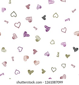 Dark Pink, Yellow vector seamless cover with quote LOVE YOU, hearts. Illustration with words of love, hearts in abstract style. Texture for window blinds, curtains.