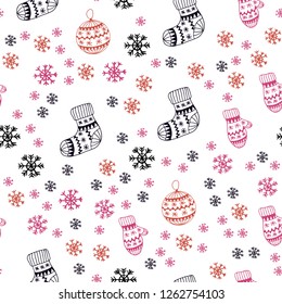 Dark Pink, Yellow vector seamless pattern with christmas snowflakes, balls, socks, mittens. Modern geometric abstract illustration. Design for wallpaper, fabric makers.