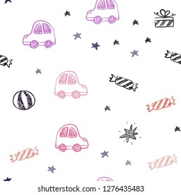 Dark Pink, Yellow vector seamless background in xmas style. Shining illustration with a toy car, baloon, candy, star, ball. Design for holiday adverts.