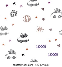 Dark Pink, Yellow vector seamless layout with new year gifts. Colorful illustration with a toy car, heart, baloon, tulip, candy, ball. Pattern for new year ads.
