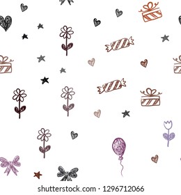 Dark Pink, Yellow vector seamless layout in new year style. Illustration with a colorfulheart, baloon, candy, gift, star, ribbon. Template for new year postcards.