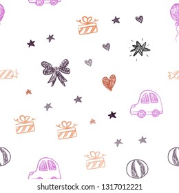 Dark Pink, Yellow vector seamless backdrop with holiday gifts. Colorful illustration with a toy car, heart, baloon, tulip, candy, ball. Design for colorful commercials.