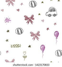 Dark Pink, Yellow vector seamless layout with new year gifts. Colorful illustration with a toy car, heart, baloon, tulip, candy, ball. Design for colorful commercials.