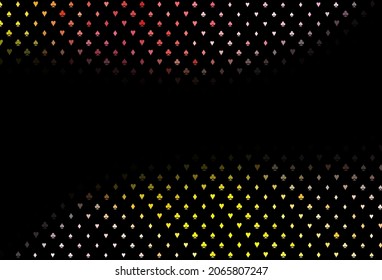 Dark pink, yellow vector template with poker symbols. Colorful gradient with signs of hearts, spades, clubs, diamonds. Pattern for leaflets of poker games, events.