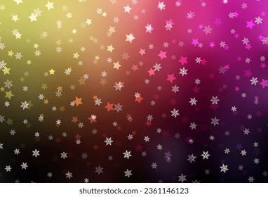 Pink oscuro, textura vectorial amarilla con copos de nieve de color, estrellas. Ilustración colorida brillante con formas de nieve gradiente. Parte básica de los folletos de Año Nuevo.