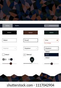 Dark Pink, Yellow vector ui ux kit in triangular style. Colorful ui/ux kit with header consisted of triangles. Simple colorful design for websites.
