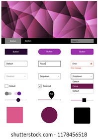 Dark Pink, Yellow vector ui ux kit in triangular style. Ui Ux kit with colorful polygonal background in its header. Simple colorful design for websites.