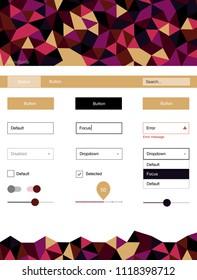 Dark Pink, Yellow vector web ui kit in polygonal style. Colorful Style guide with triangles on abstract background. Modern template for your landing page.