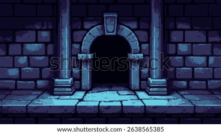 Dark pixel art ancient dungeon game level with an arched entrance. Retro video game background design for fantasy adventure. Vector graphics. 