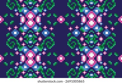 Diseño de patrón étnico floral de píxeles oscuros para fondo, Fondo de pantalla, tela, ropa, envoltura, alfombra, Ilustración vectorial, estilo de bordado.