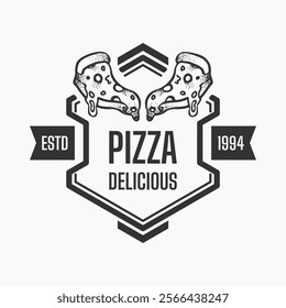 dark pizza logo on white background, vector design for restaurant and cafe. vintage style logo