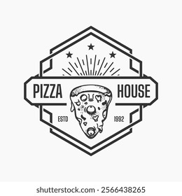 dark pizza logo on white background, vector design for restaurant and cafe. vintage style logo