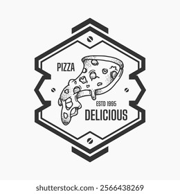 dark pizza logo on white background, vector design for restaurant and cafe. vintage style logo