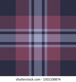 Dark plaid pattern background. Seamless multicolored tartan check plaid texture in blue, pink, and purple for flannel shirt, scarf, poncho, blanket, or other modern textile design.