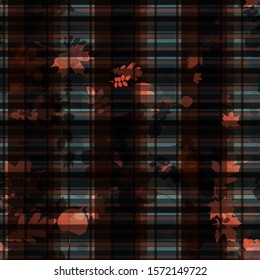 Dark plaid seamless texture with autumn leaves. Abstract vector background for web page, banners backdrop, fabric, home decor, wrapping