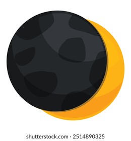 Dark planet with craters is partially covering a bright yellow star in the space