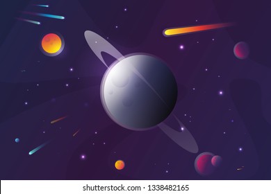 Dark planet landscape vector illustration. Space background with place for text. Surface of the planet with craters. Space decoration for your design. Stars and comets on dark background
