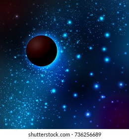 A dark planet in space against the background of the Milky Way and stars. Vector illustration of the concept of astronomy