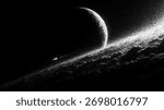 Dark planet in stipple style, half hidden, with a cloud of stardust around it. Space vector stipple background. Modern space art texture.