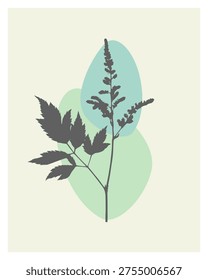 Dark Plant Silhouette with Teal and Mint Green Organic Shapes on Cream Background, Modern Scandinavian Wall Decor Illustration