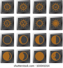 dark plastic buttons with orange suns and moons. icon set with dot-based symbols of sun with similes and moon phases for control and info screens,  web design and high quality print