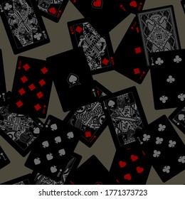 Dark playing cards seamless pattern background drawn in grey and red colors on black. Original design in flat style. Vector illustration