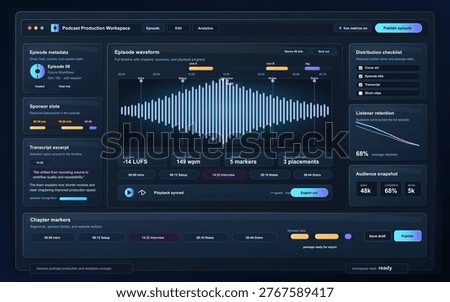 Dark podcast production workspace dashboard interface with episode waveform, transcript, sponsor slots, retention metrics and publish controls
