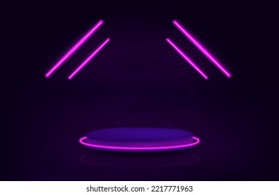 Dark podium background with circle and lines neon. Presentation stage for show product. Hologram, magic teleport, portal concept. Futuristic 3D podium on dark background. Hi-tech background. Vector