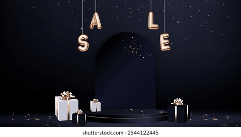 Dark podium beneath arch, hanging golden balloon sign Sale, wrapped gift boxes with ribbon and bow. Luxury studio room with circular platform for special offer and Black Friday discount banner design.