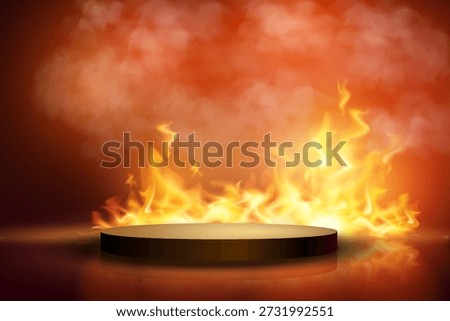 Dark podium with blazing fire flames on dramatic red background.