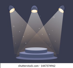 Dark podium with fame spotlights and fog vector illumination around light star. Flat cartoon style vector illustration.