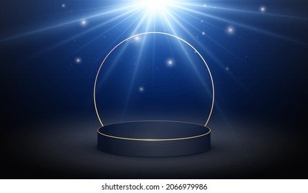 Dark podium with golden border, in blue magic light. Black 3d vector illustration background.