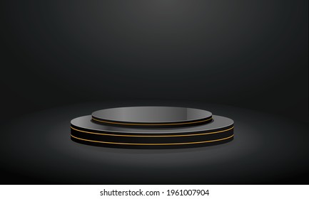 dark podium luxurious and gold lines, 3D rendering, 3D product display background.