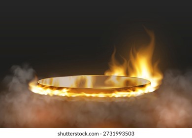 Dark podium scene with fire flames and dramatic lighting.