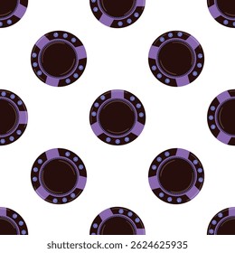 Dark poker chips with purple markings and blue gemstones creating a seamless pattern, perfect for casino or gambling themed projects