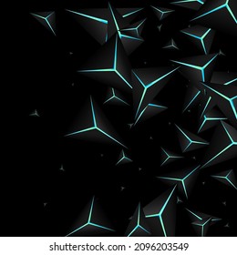 Dark Polygon Background Black Vector. Blue Neon Facet Abstract. Triangle Poly Illustration. Onyx Elegant Card.