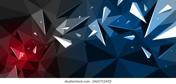 Fundo abstrato vetor poligonal escuro com holofotes de cor, superfície baixa poli com explosão de partículas de detritos voadores, estrutura quebrada dinamismo 3D, elementos de força de movimento.