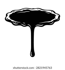 A dark pool of liquid ink with a single drip falling from the center. High contrast black and white composition suitable for design, printing, or artistic backgrounds.