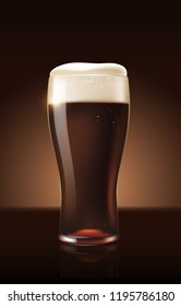 Dark porter beer in glass cup refreshing drink with white foam in 3d illustration, splashing beer vector illustration