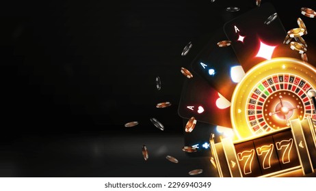 Dark poster with copy space, neon gold slot machine, neon Casino Roulette, poker chips and playing cards on dark background