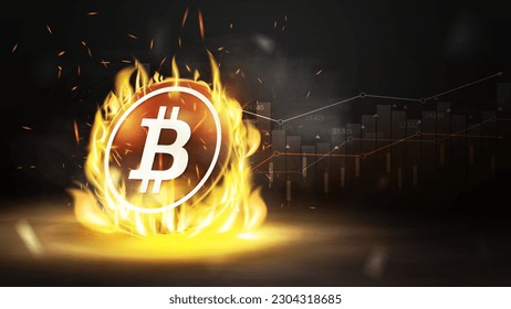 Dark poster with gold bitcoin in fire flame on a dark blurred background with fog and cryptocurrency graph