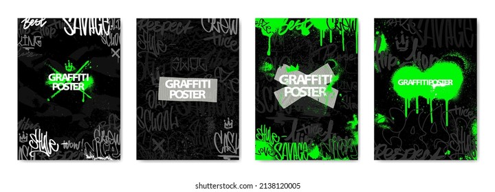 Dark Poster Graffiti set with toxic green spots, scribbles, tags, ink splashes, lettering in hip hop style. Street art tags covers with smudges and drops and throw up pieces. Vector Posters Graffiti