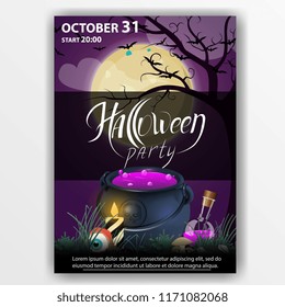 Dark poster with witch pot and the lettering  inscription: "Helloween party"